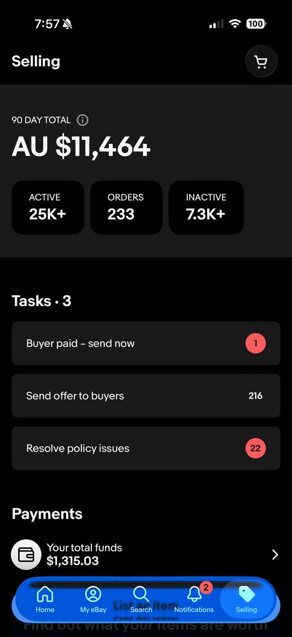 Marco eBay store 2 selling dashboard