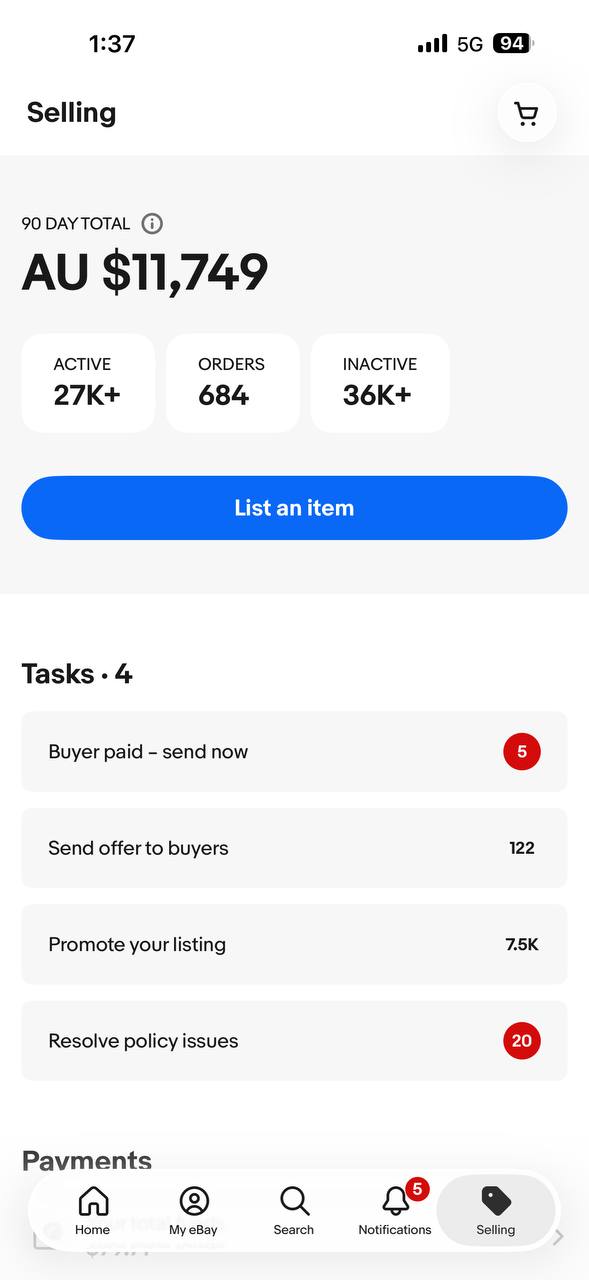 Dogan eBay store 2 selling dashboard